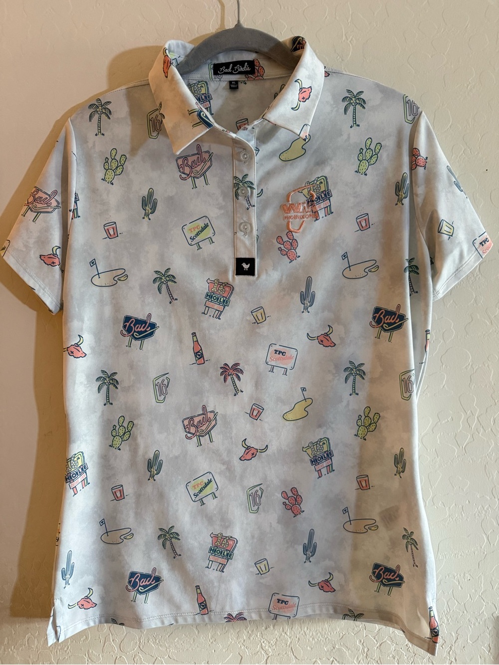 Bad Birdie, XL, WM Phoenix Open golf polo shirt featuring a desert-theme